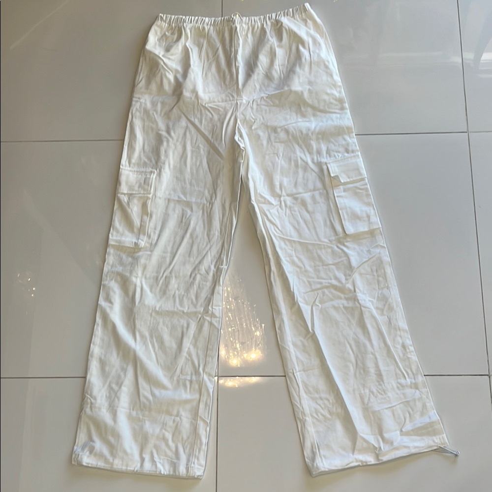 Casual White Elastic Waist Pants
